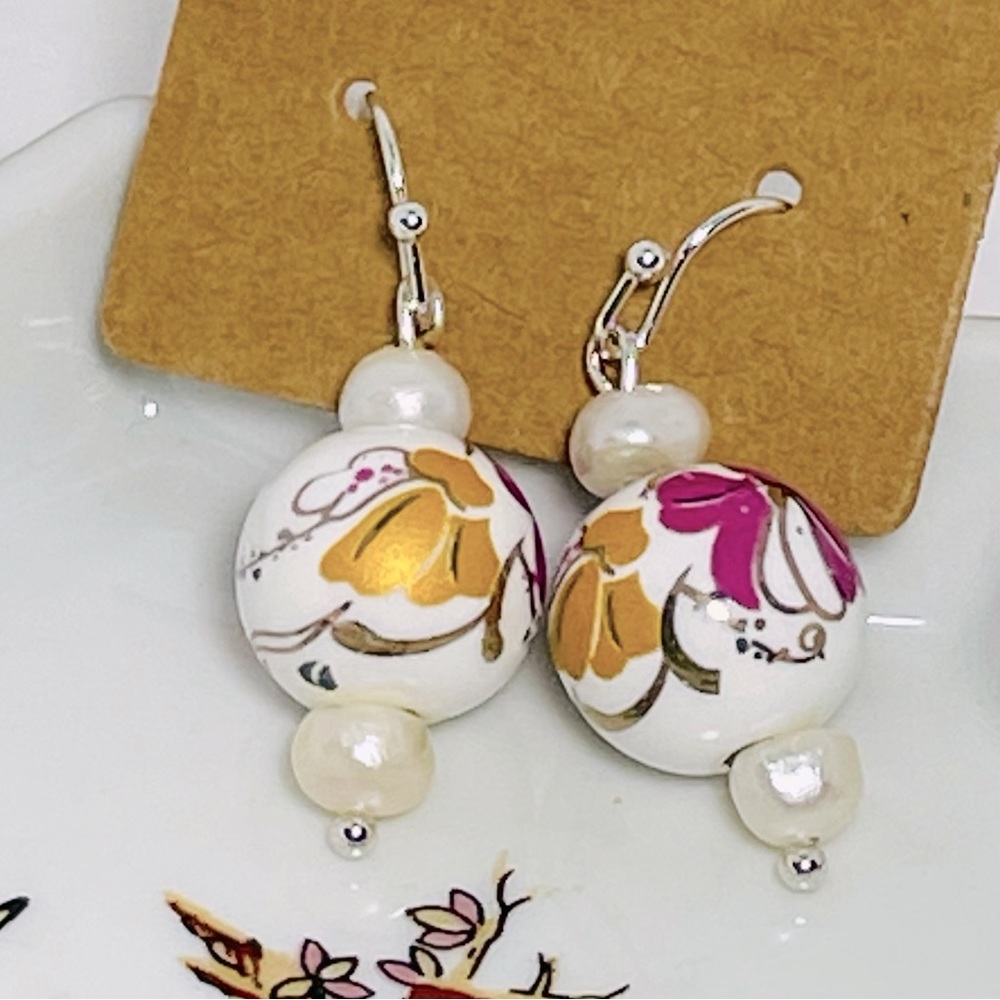 🔥sterling silver vintage hand-painted ceramic beads & freshwater pearl earrings